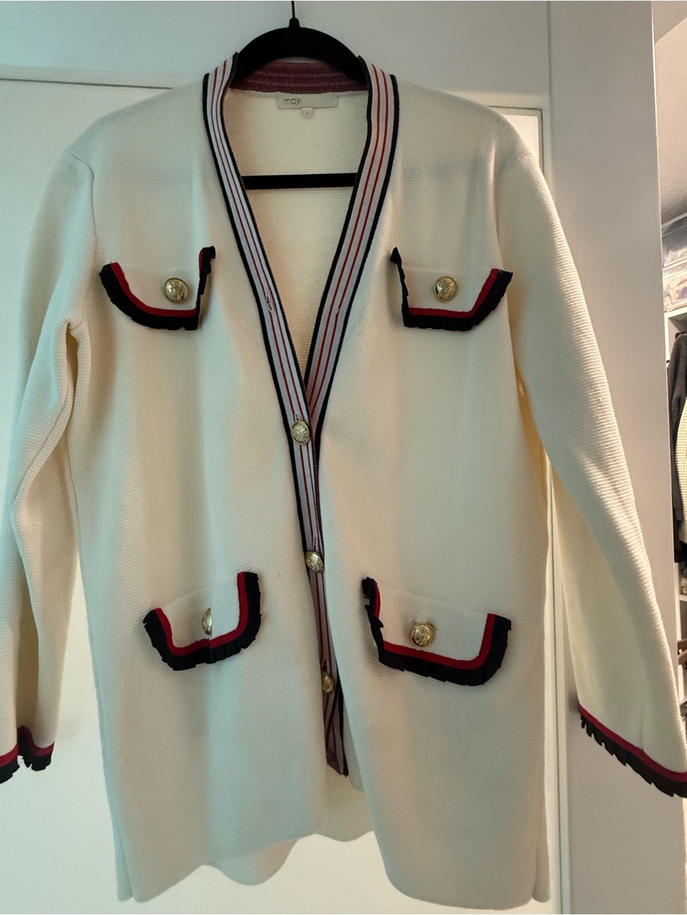 Maje Cream Knit Blazer with Navy & Red Trim